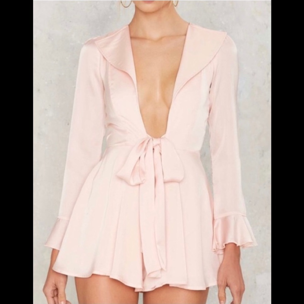 Lioness Margaret blush satin long sleeves tie front romper S